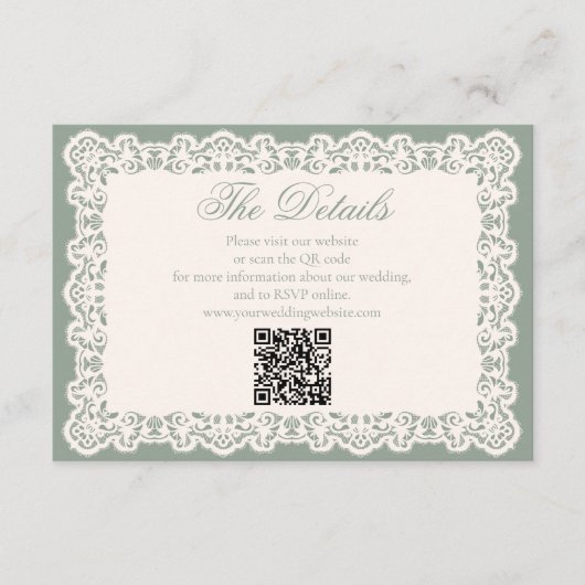 Carte D'accompagnement Code QR de site Web de mariage vert sauge dentelle (Devant)