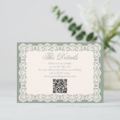 Carte D'accompagnement Code QR de site Web de mariage vert sauge dentelle (Debout devant)