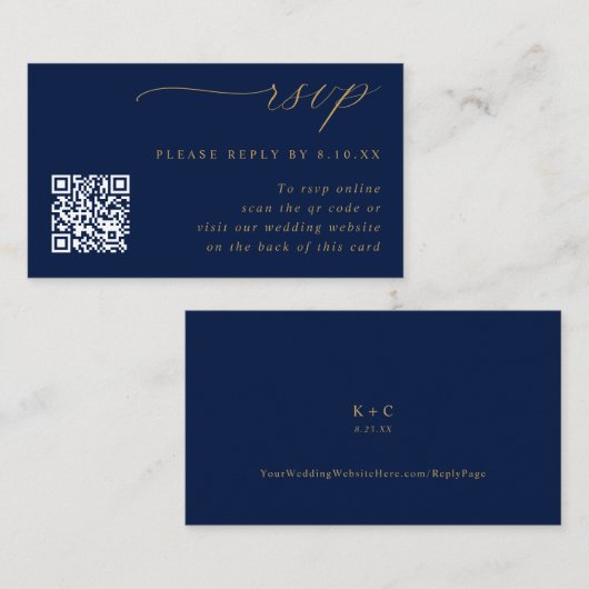 Carte D'accompagnement Code QR de Small Navy Blue and Gold Mariage RSVP (Devant / Derrière)