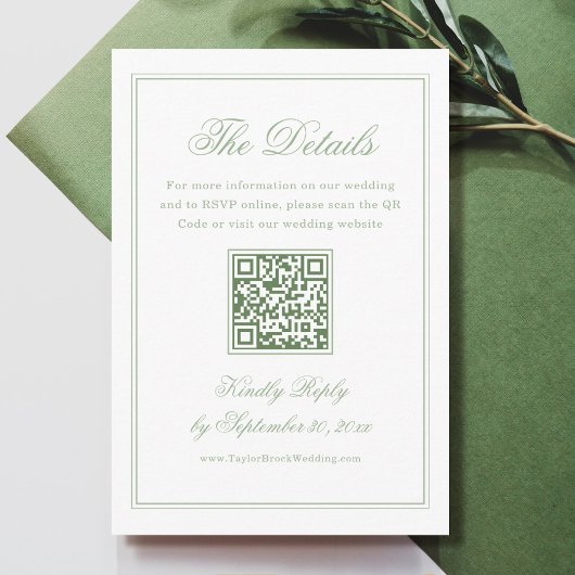 Carte D'accompagnement Code QR des détails de mariage blanc et vert sauge