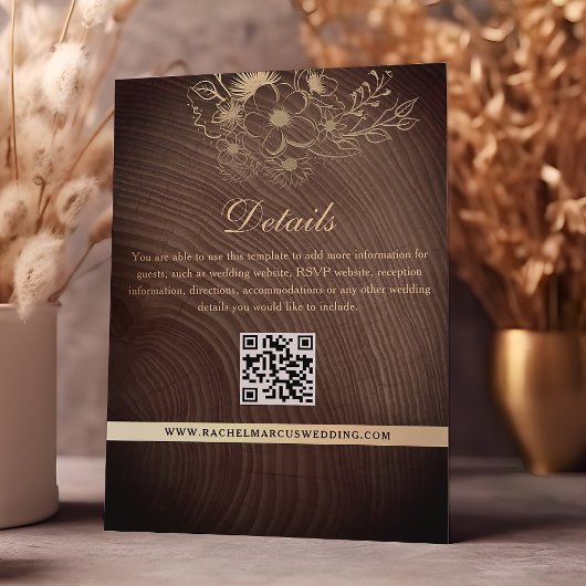 Carte D'accompagnement Code QR des détails de mariage en bois rustique