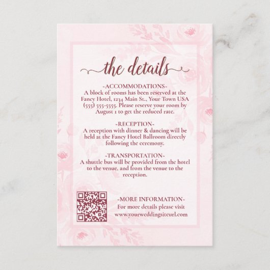 Carte D'accompagnement Code QR des détails de mariage Pink Boho Peonies (Devant)