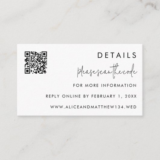 Carte D'accompagnement Code QR des détails du mariage avec un script mini (Devant)