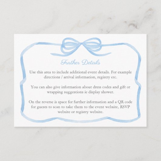 Carte D'accompagnement Code QR des détails du mariage Coquette Blue Bow (Devant)