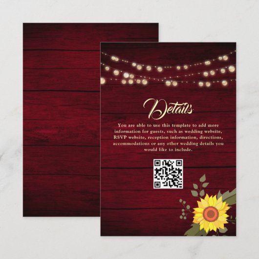Carte D'accompagnement Code QR des détails du mariage Sunflower (Devant / Derrière)