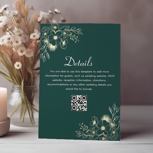 Carte D'accompagnement Code QR des détails du mariage Vert Émeraude