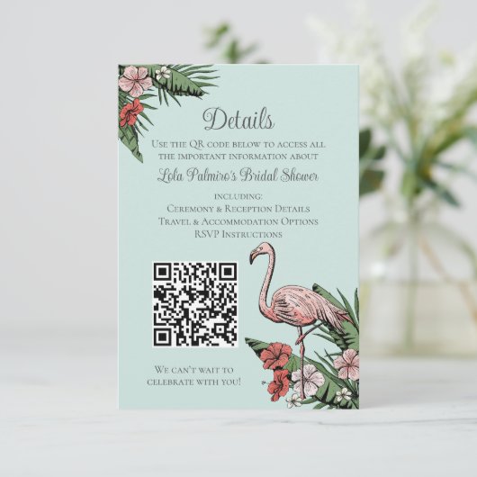 Carte D'accompagnement Code QR du site Web de la douche de mariée flamant (Debout devant)