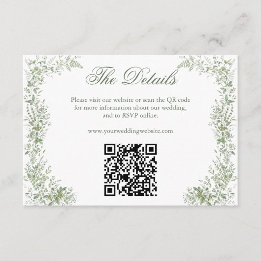 Carte D'accompagnement Code QR du site Web de mariage botanique vert saug (Devant)