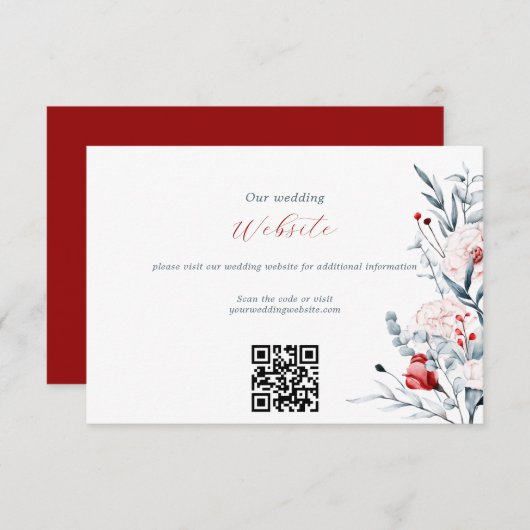 Carte D'accompagnement Code QR du site web de mariage floral à fleurs rou (Devant / Derrière)