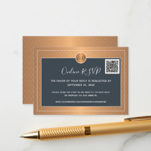 Carte D'accompagnement CODE QR élégant site web de mariage bleu marine or