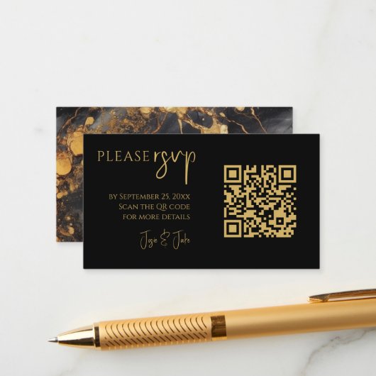 Carte D'accompagnement Code QR en marbre noir et or pour RSVP mariage (Devant/Arrière en situation)