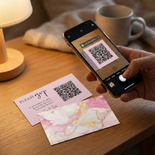 Carte D'accompagnement Code QR en marbre rose et or pour RSVP mariage