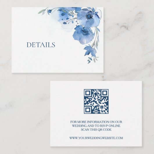 Carte D'accompagnement Code QR Fleur Aquarelle Bleue (Devant / Derrière)