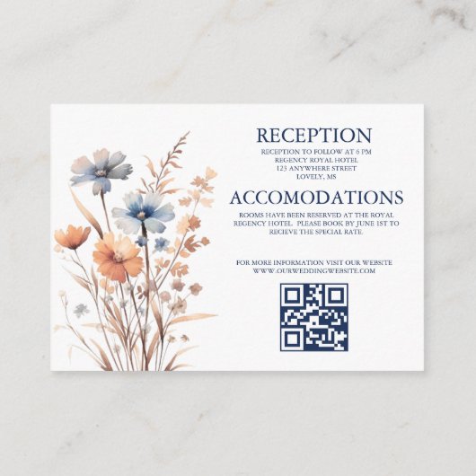 Carte D'accompagnement Code QR Fleur sauvage Dusty Blue et Peach Boho (Dos)