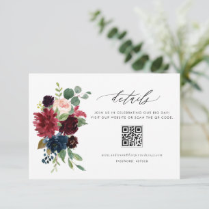 Carte D'accompagnement Code QR floral à l'aquarelle bordeaux et bleu mari