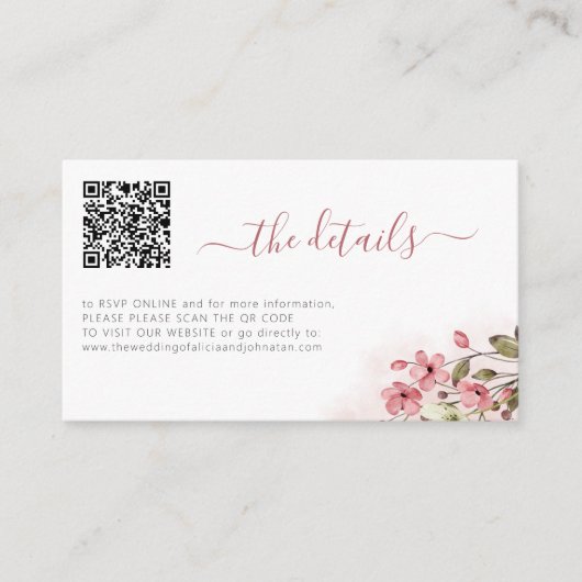 Carte D'accompagnement Code QR floral rose détails du site web mariage (Devant)