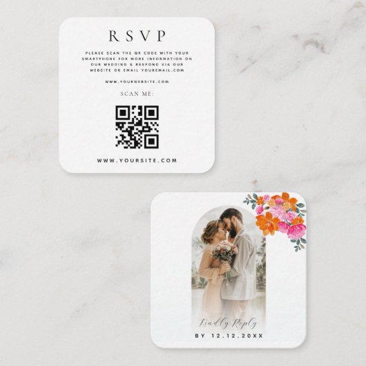 Carte D'accompagnement Code QR Floral rose Orange en ligne Mariage RSVP (Devant / Derrière)