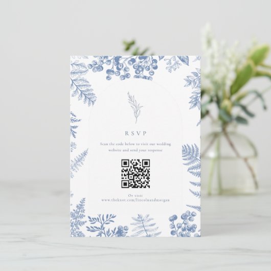 Carte D'accompagnement Code QR Mariage bleu français élégant (Debout devant)