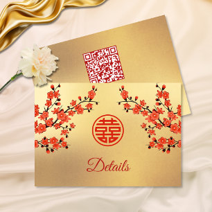 Carte D'accompagnement Code QR   Mariage chinois cerisier en fleurs rouge