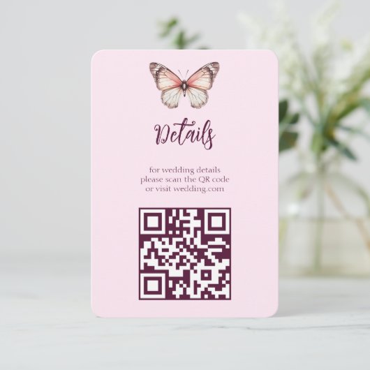 Carte D'accompagnement Code QR Mariage CUSTOM Elegant Butterflies (Debout devant)