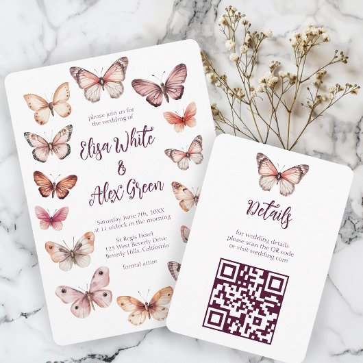 Carte D'accompagnement Code QR Mariage CUSTOM Elegant Butterflies