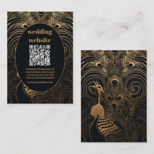 Carte D'accompagnement code qr Mariage élégant Art Déco Peacocks (Devant / Derrière)