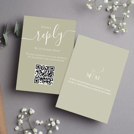 Carte D'accompagnement Code QR Mariage RSVP Script Sage Vert