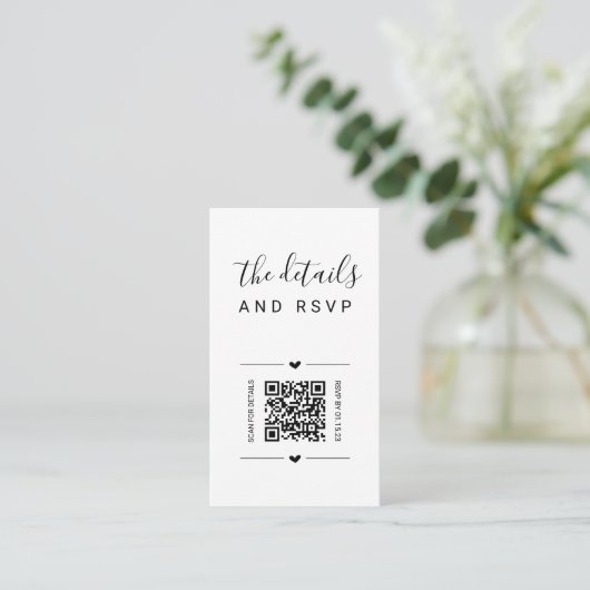Carte D'accompagnement Code QR Mariage unique RSVP et détails (Debout devant)