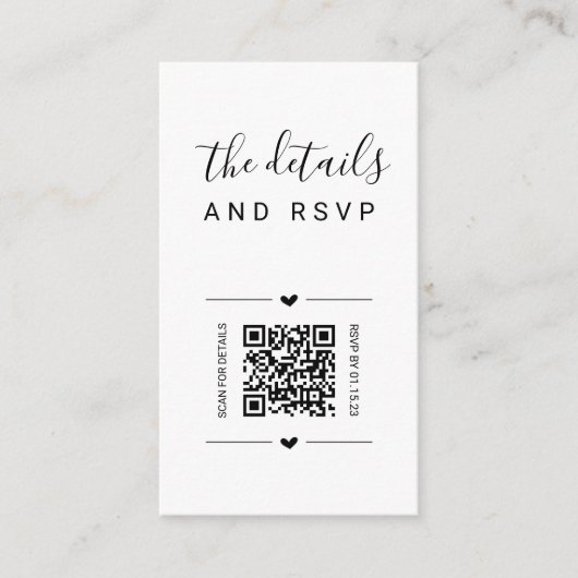 Carte D'accompagnement Code QR Mariage unique RSVP et détails (Devant)