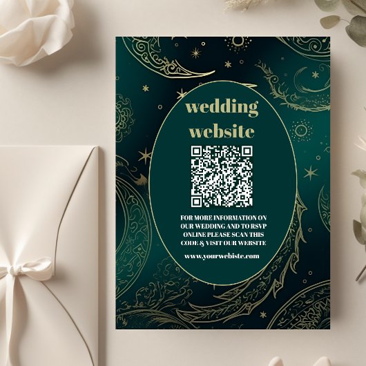 Carte D'accompagnement code QR Mariage Vert Emeraude Or Céleste