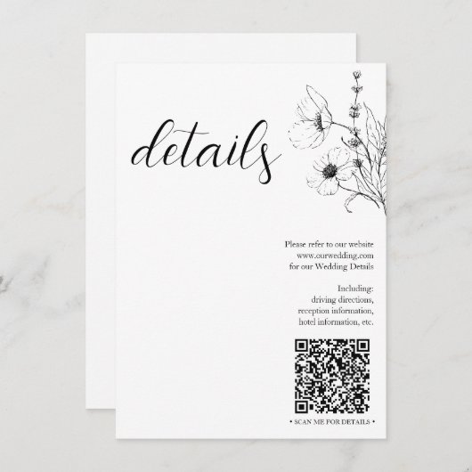 Carte D'accompagnement Code QR moderne Script noir blanc Détails floraux (Devant / Derrière)
