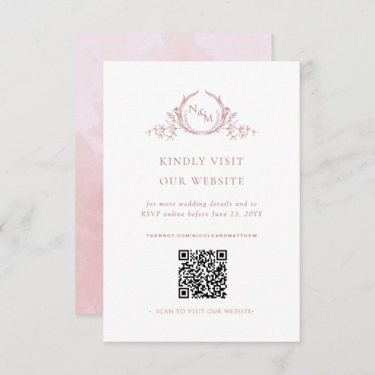 Carte D'accompagnement Code QR Monogramme Aquarelle Rose Poussiéreux RSVP (Devant / Derrière)