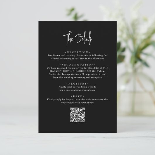 Carte D'accompagnement Code QR noir classique Mariage de script manuscrit (Debout devant)