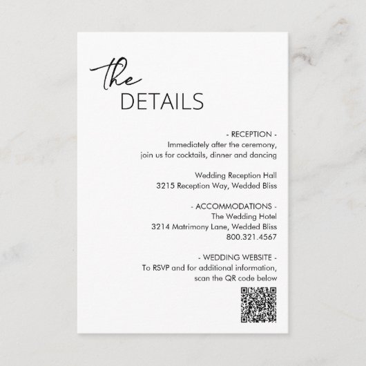Carte D'accompagnement Code QR noir et blanc minimal Mariage moderne (Devant)