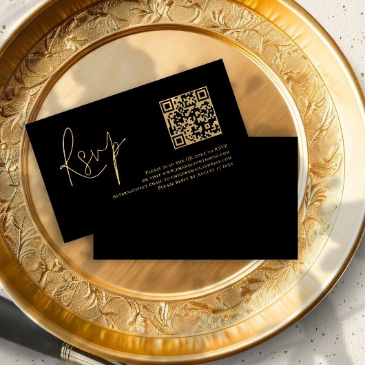 Carte D'accompagnement Code QR noir Gold Script Mariage RSVP