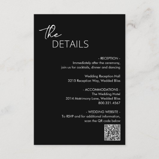 Carte D'accompagnement Code QR noir minimum Mariage moderne (Devant)
