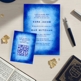 Carte D'accompagnement Code QR personnalisé aquarelle bleue pour Bar Mitz