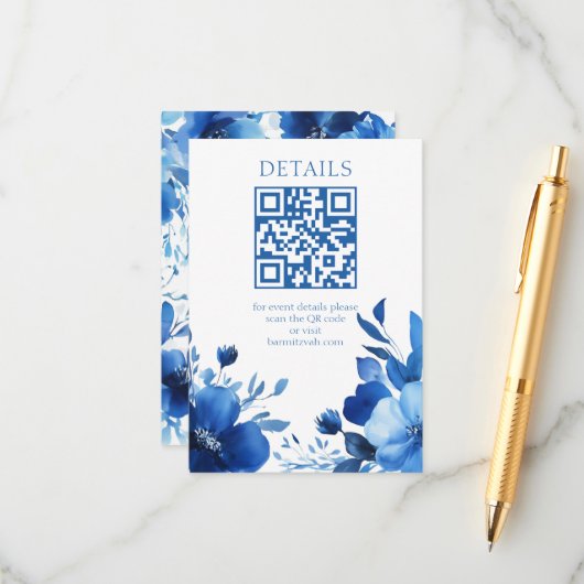 Carte D'accompagnement Code QR PERSONNALISÉ BAT MITZVAH d'aquarelle Blue  (Devant/Arrière en situation)