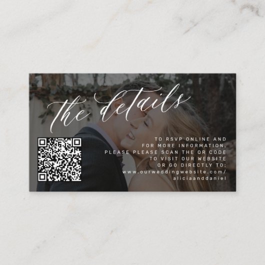 Carte D'accompagnement Code QR photo élégant script détails du mariage (Devant)