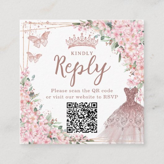 Carte D'accompagnement Code QR Quinceañera Fleurs de Cerisier Or Rose (Devant)
