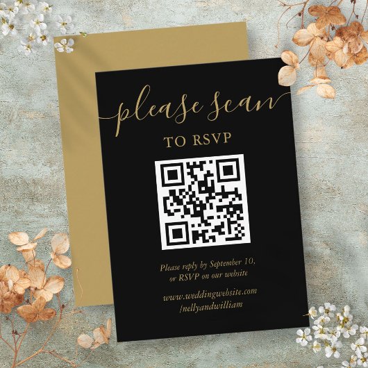 Carte D'accompagnement Code QR RSVP Black And Gold Script