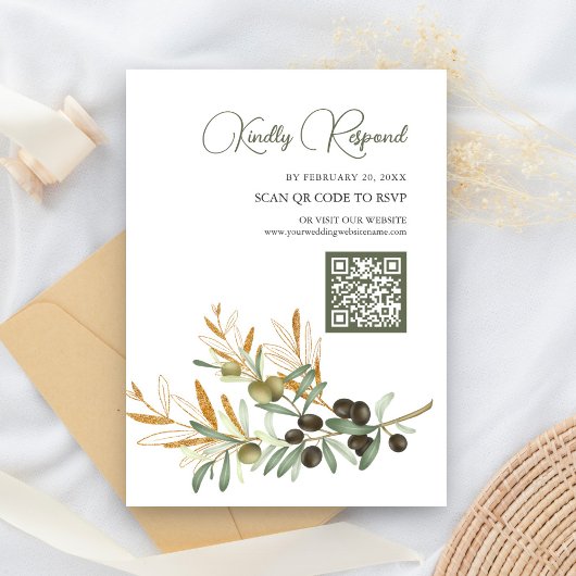 Carte D'accompagnement Code QR RSVP Branche d'or Feuilles d'olive Mariage