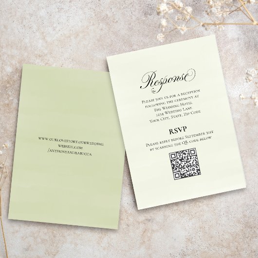 Carte D'accompagnement Code QR RSVP Élégant Mariage Vert Script