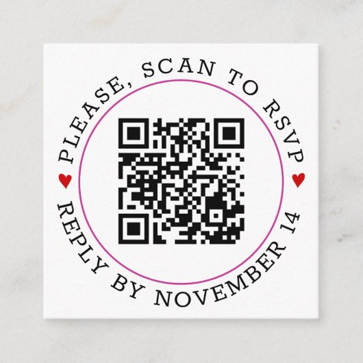 Carte D'accompagnement Code QR RSVP fuchsia frontière rose, coeur mariage (Devant)