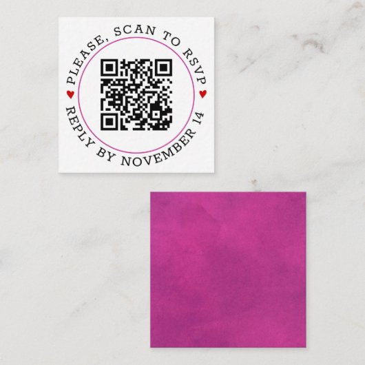Carte D'accompagnement Code QR RSVP fuchsia frontière rose, coeur mariage (Devant / Derrière)