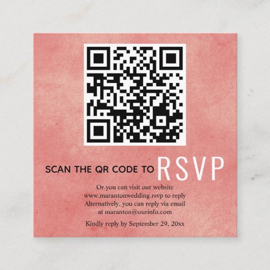 Carte D'accompagnement Code QR RSVP mariage corail taché rose (Devant)