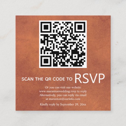 Carte D'accompagnement Code QR RSVP mariage en terre cuite tachée (Devant)