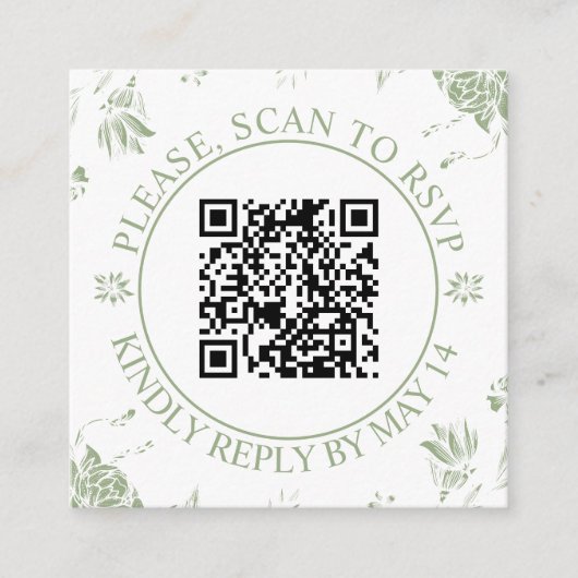 Carte D'accompagnement Code QR RSVP, mariage fleuri vert sauge (Devant)