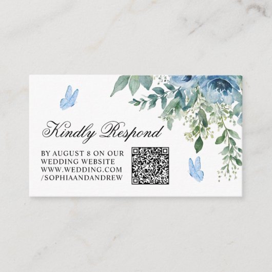Carte D'accompagnement Code QR RSVP Mariage Fleurs Bleu Poussiéreux (Devant)