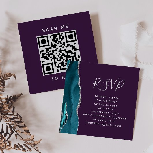 Carte D'accompagnement Code QR RSVP Mariage Teal Silver Agate Purp